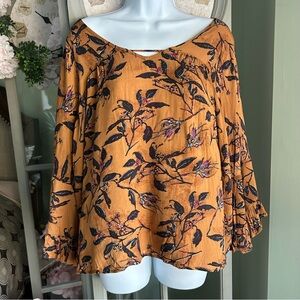 Women’s SUPPLIES Caramel Brown Floral Ruffled Bell Sleeve Top Shirt Blouse Sz L